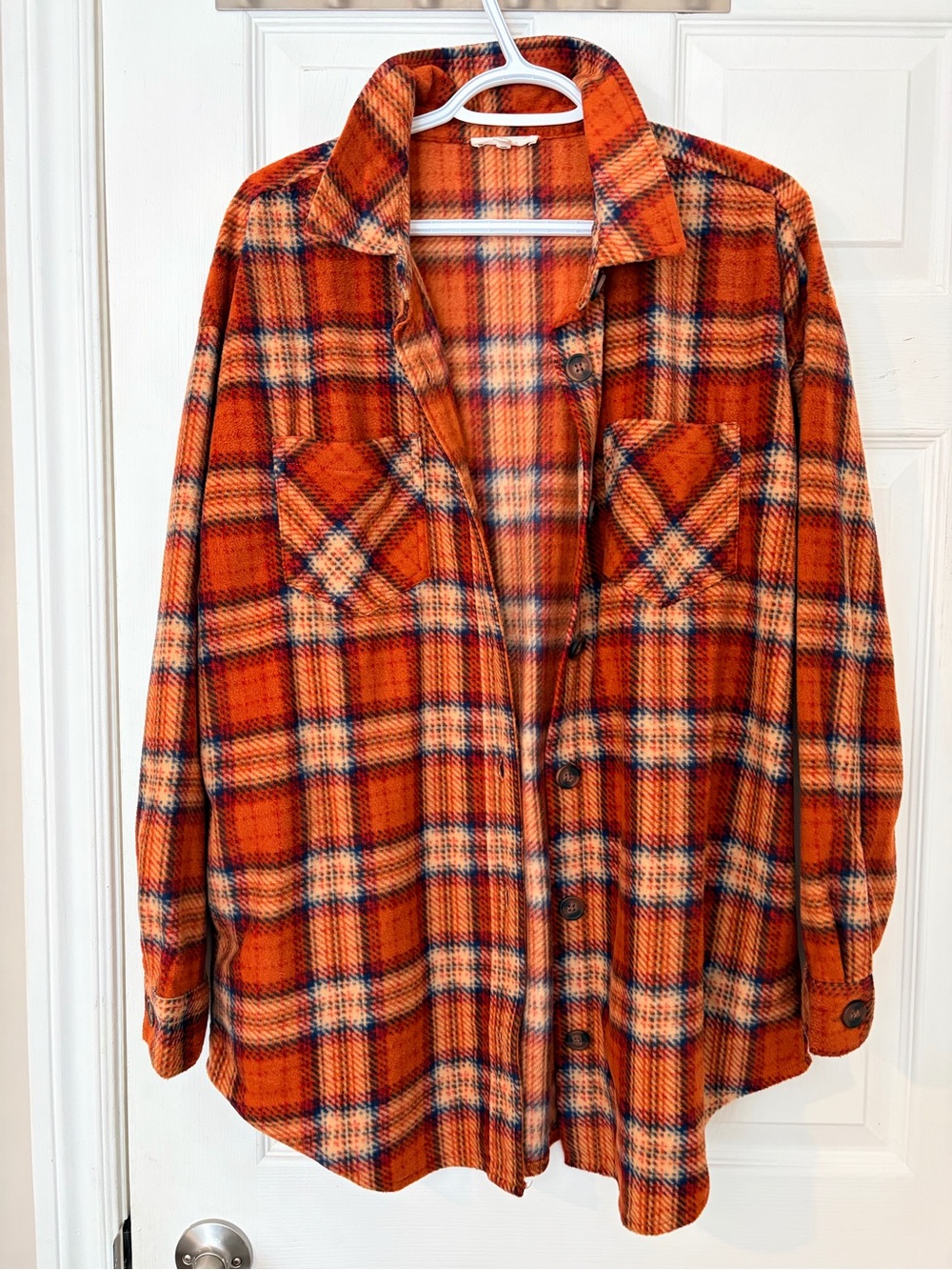 Maurices Orange Plaid Button-Up Shacket with Navy Accents